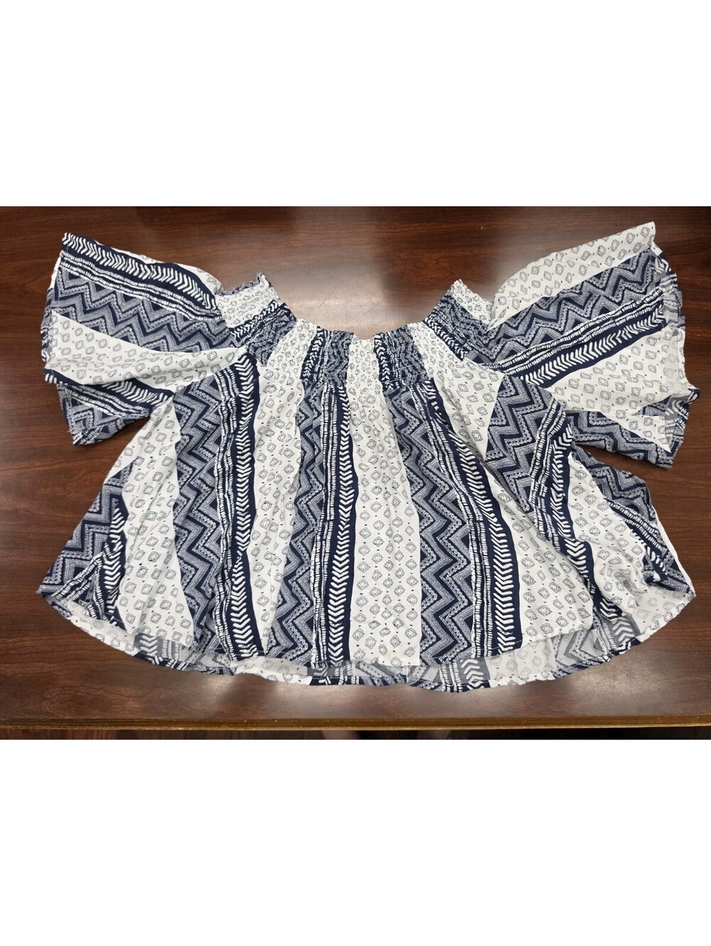 Ocean Drive Medium Blue White Geometric Print Smocked Off Shoulder Top Boho Chic